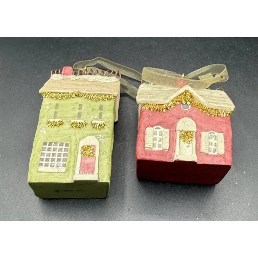 Vtg Lot Of 2 Hallmark Old Town Village Homes Ceramic Christmas Ornaments -LO24